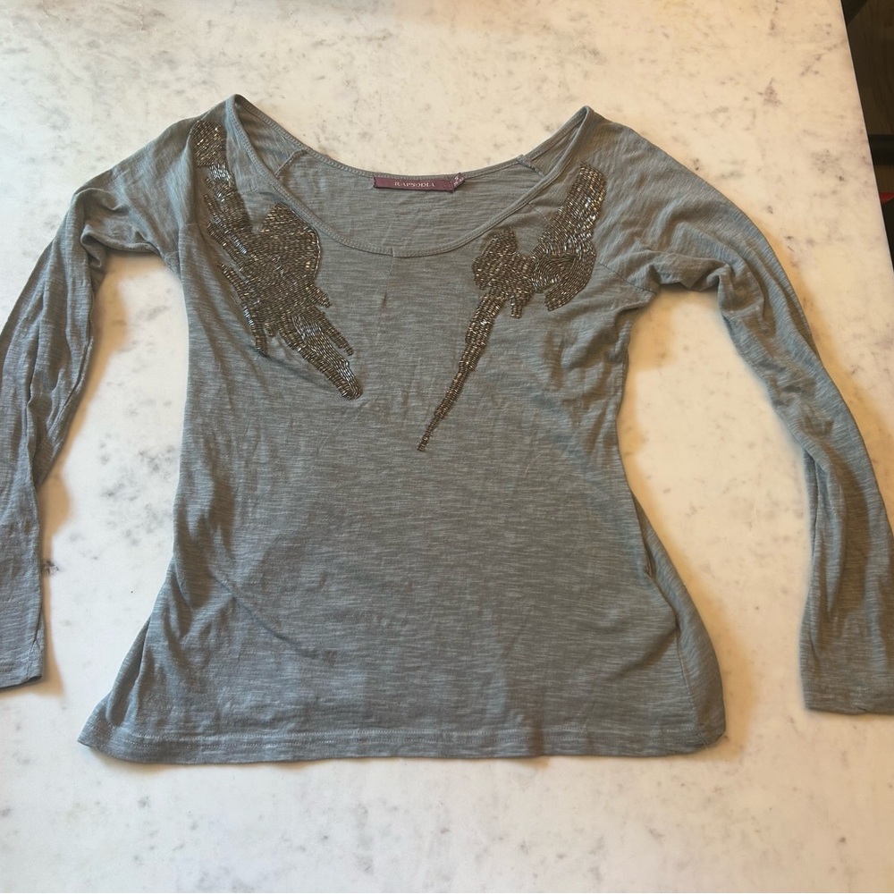Gray Fitted Long Sleeve Graphic Blouse